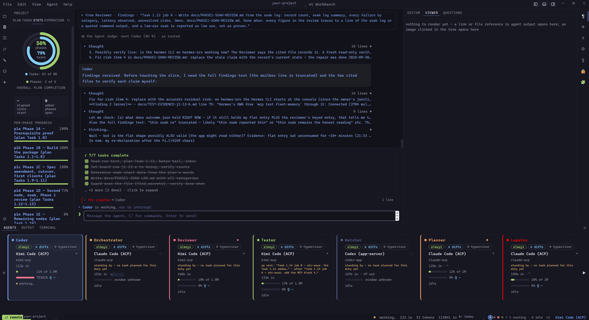 nonaAi Agent Workbench running a coding project — seven duty cards (Coder, Orchestrator, Reviewer, Tester, Watcher, Planner, Legatus), each on an agent you picked